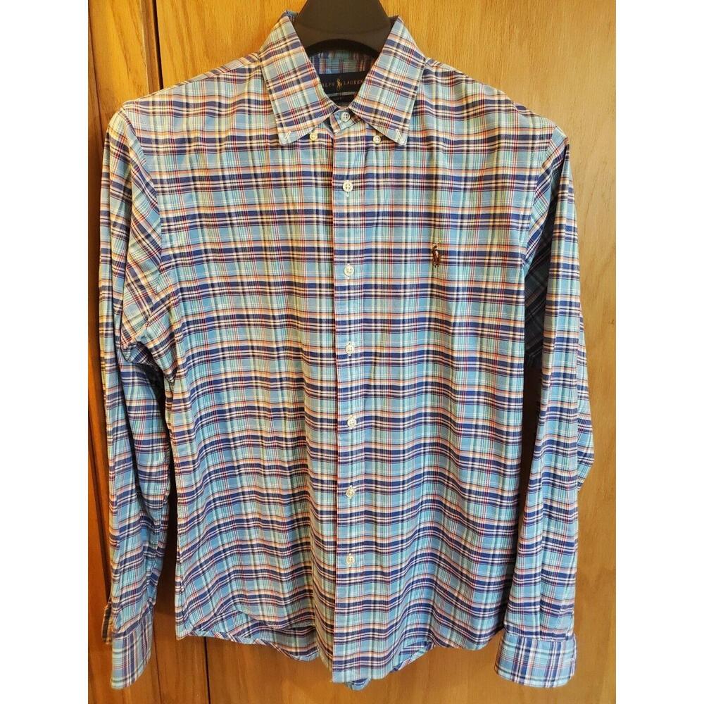 Ralph Lauren Shirt Men's Large Blue Plaid Check Slim Fit Button-Down Pony